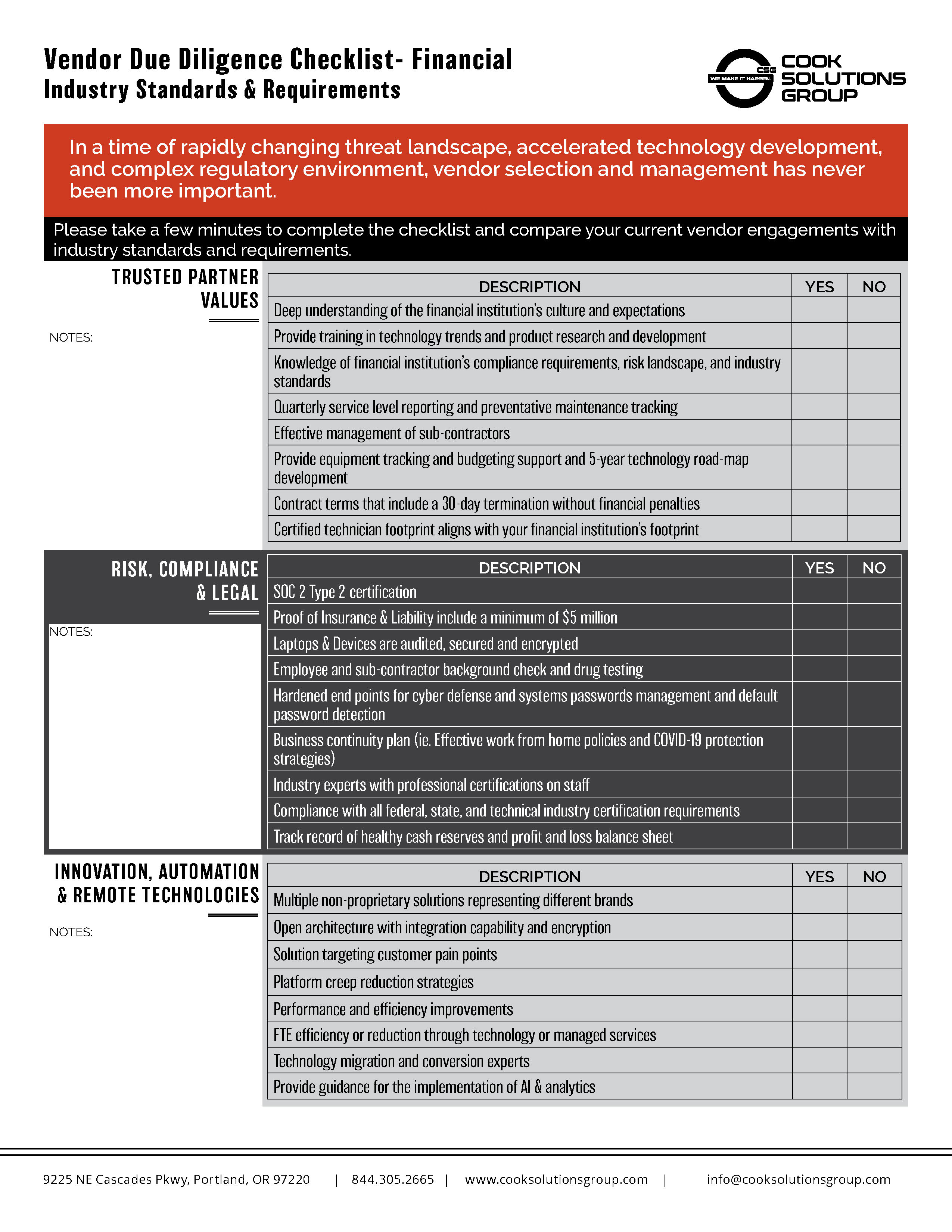 Cook Solutions Group Vendor Due Diligence Checklist