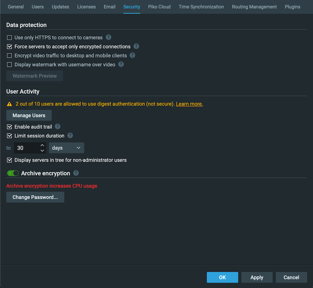 Enable Archive Encryption in Piko VMS